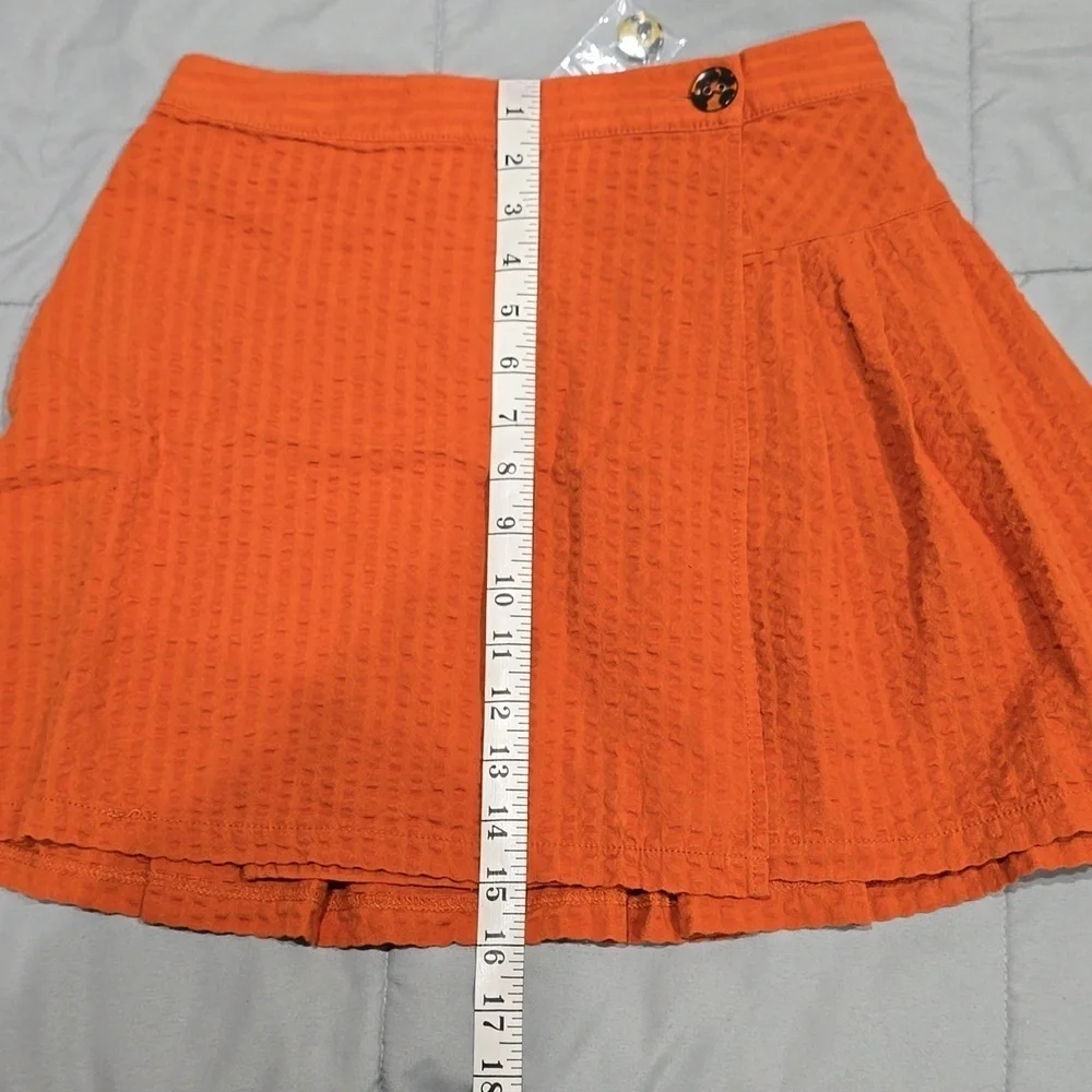 URBAN OUTFITTERS Orange Seersucker Wrap Mini Skirt, Linen Blend, Pleated Back, S - Picture 13 of 15